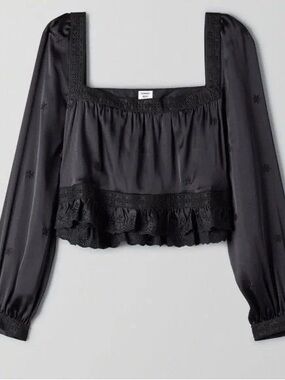 Sunday Best Black Crochet-Trim Square Neck Peasant Top